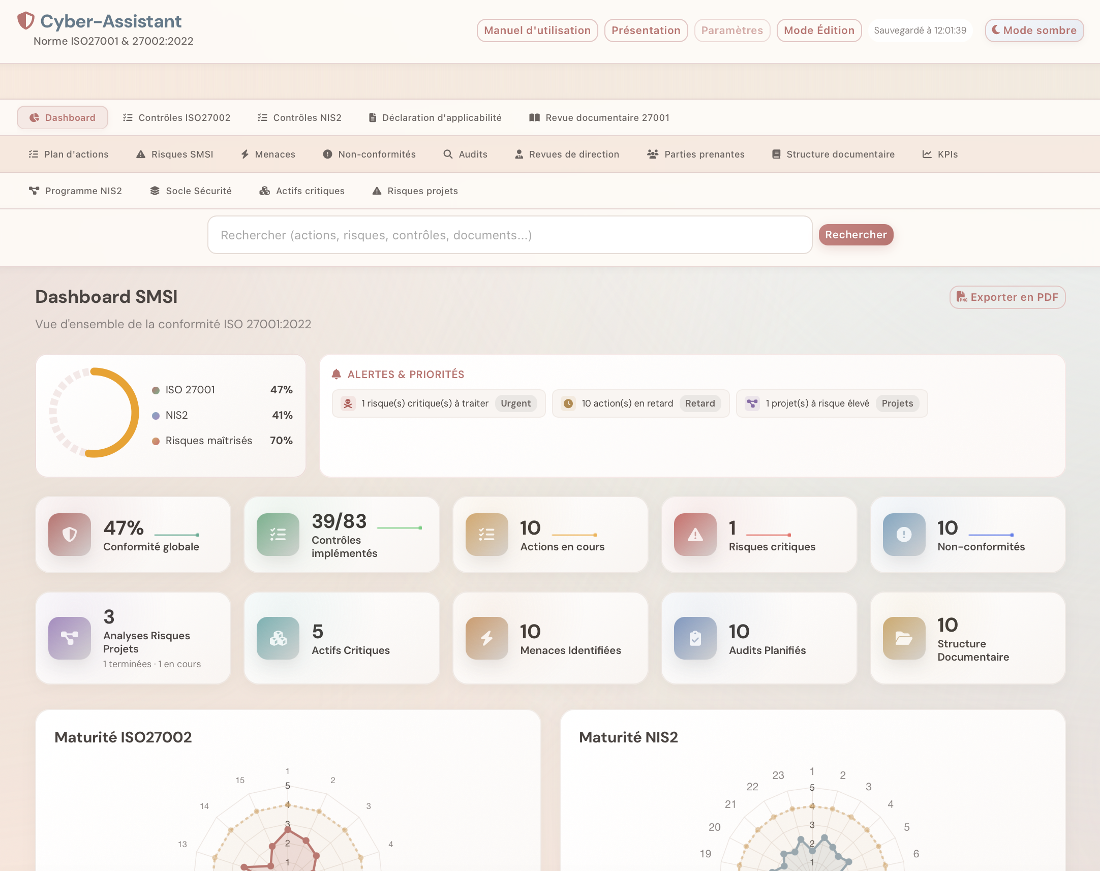 Cyber Assistant - Outil de gestion SMSI gratuit avec tableau de bord conformité ISO 27001, ISO 27002, NIS2 et CyFun CCB