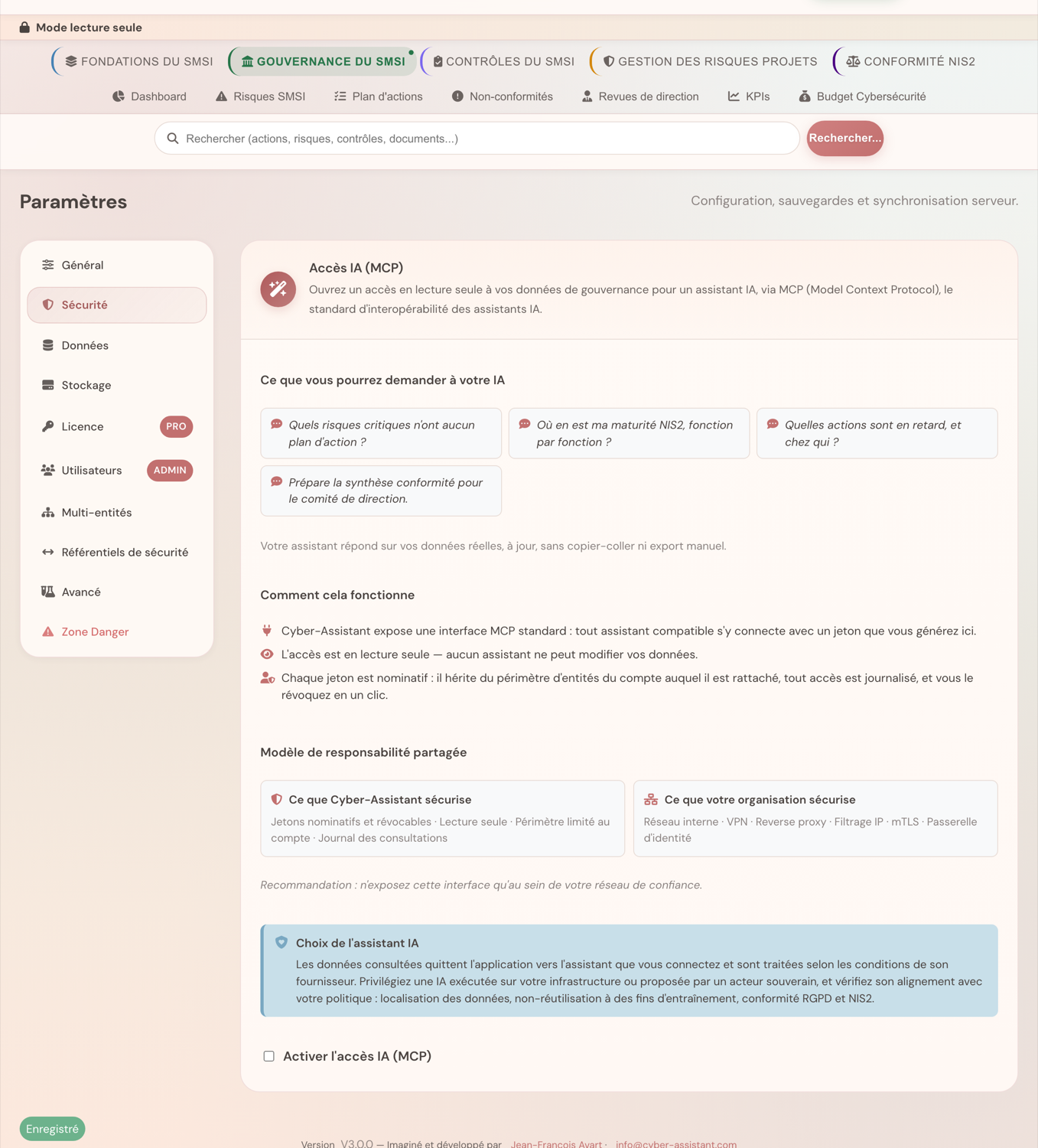Panneau d'activation de l'accès IA (MCP) dans les paramètres