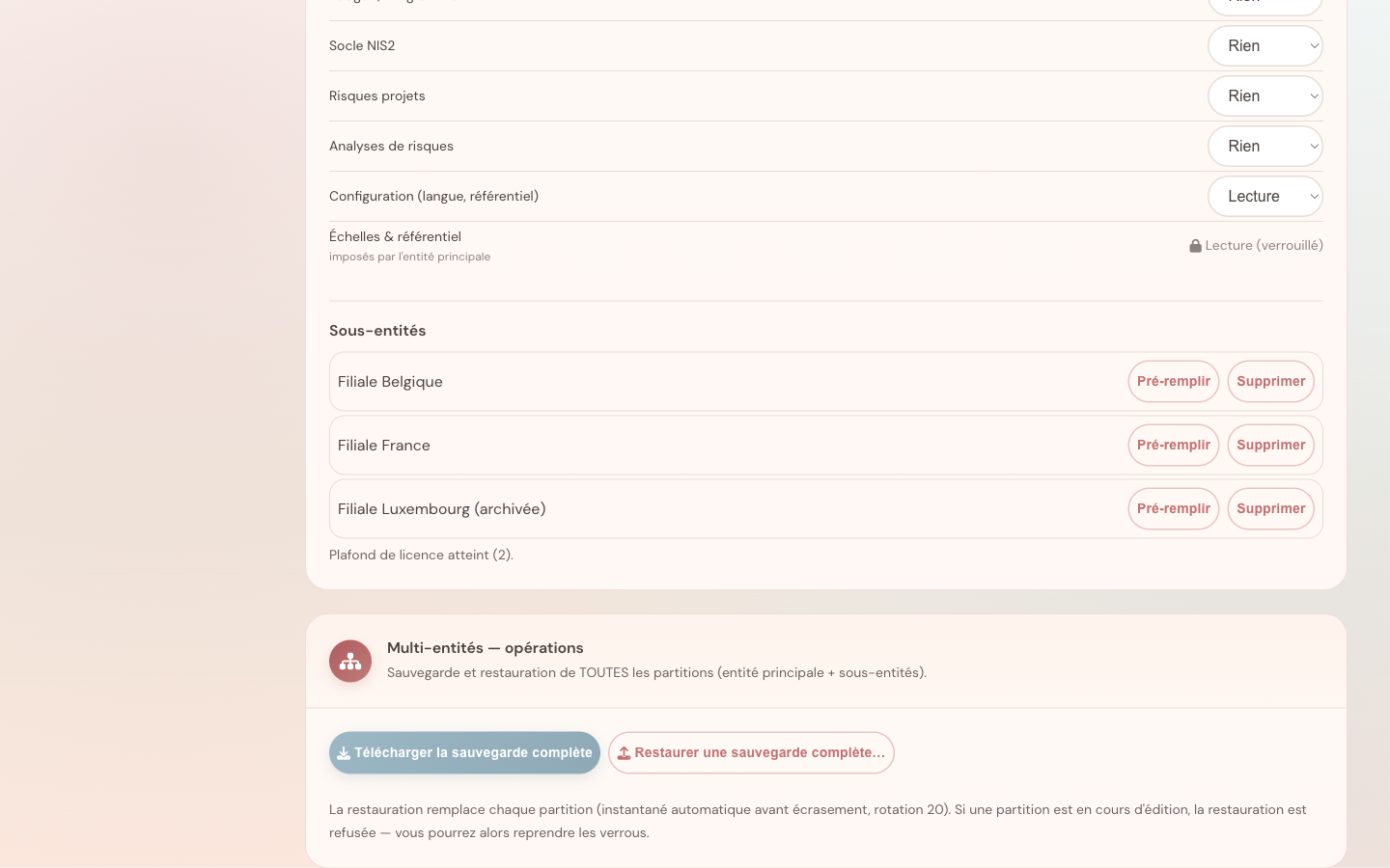 Liste des sous-entités dans les paramètres : filiales actives et filiale archivée, avec sauvegarde de toutes les partitions