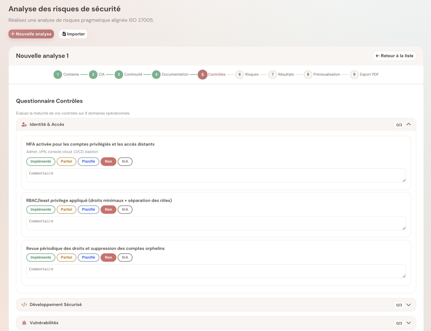 Wizard d'analyse de risques - Questionnaire contrôles de sécurité avec 6 domaines opérationnels