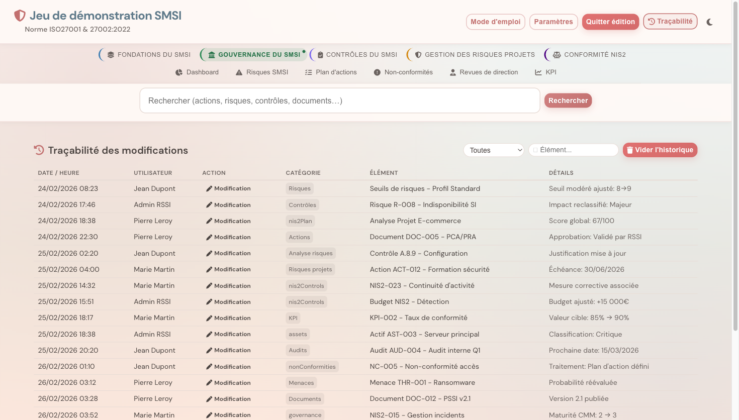 Journal de traçabilité avec 18 catégories